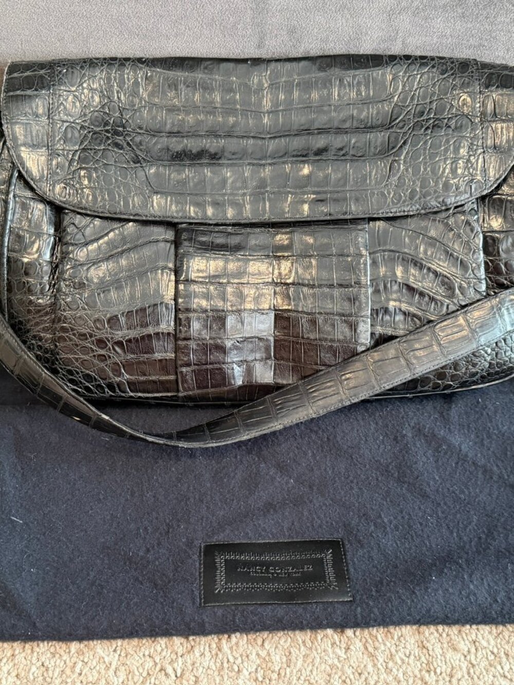 Authentic Nancy Gonzalez Black Crocodile Leather Shoulder Bag